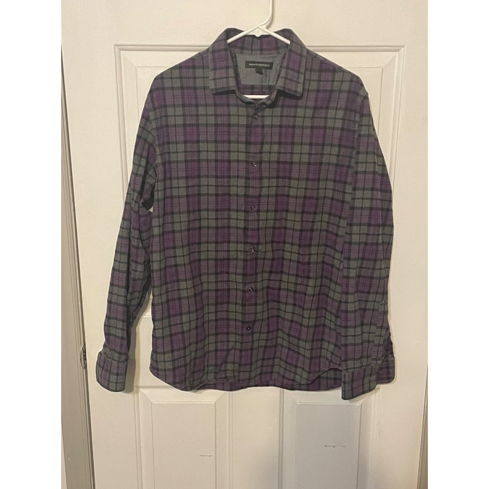 Banana Republic Size Large Womens Purple & Gray Plaid Shirt #Q-4-40